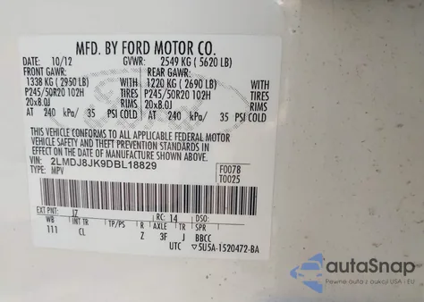 2013 Lincoln Mkx z USA, uszkodzony, nr VIN 2LMDJ8JK9DBL18829